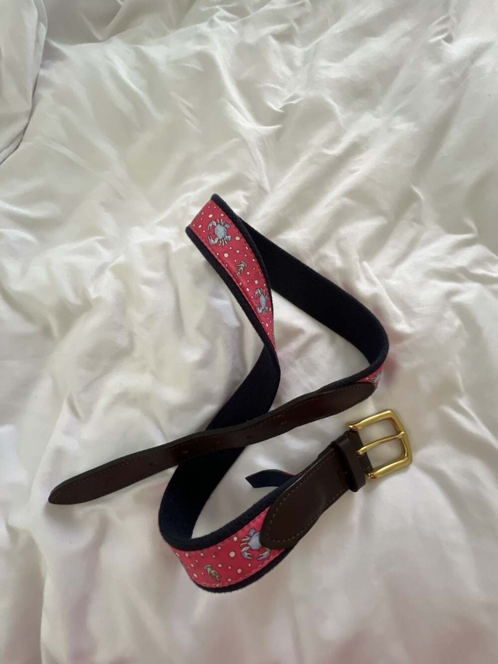 Vineyard Vines Crab Print Grosgrain Ribbon Belt with Brown Leather Trim, Size 34